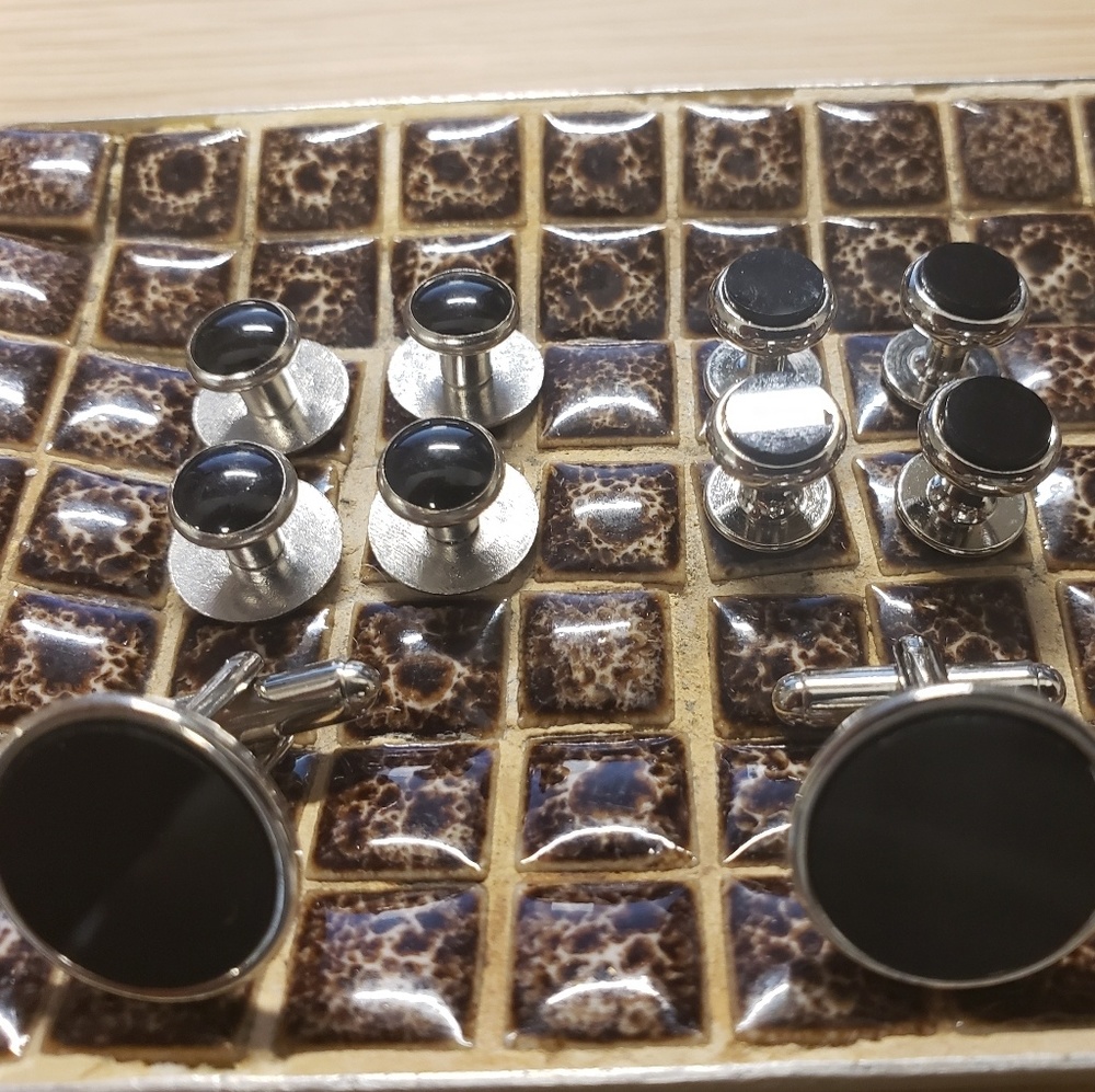 Black onix & silver tone cufflinks set